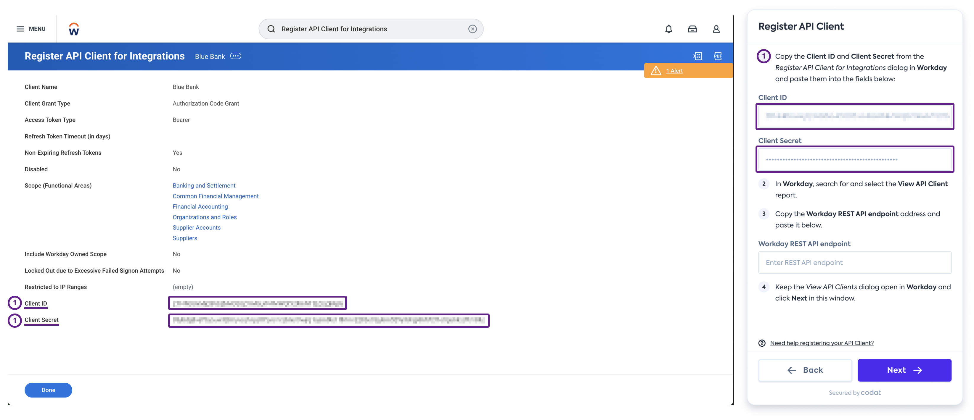 Screenshot of Workday’s interface displaying the Register API Client for Integrations task with the client ID and secret outlined.