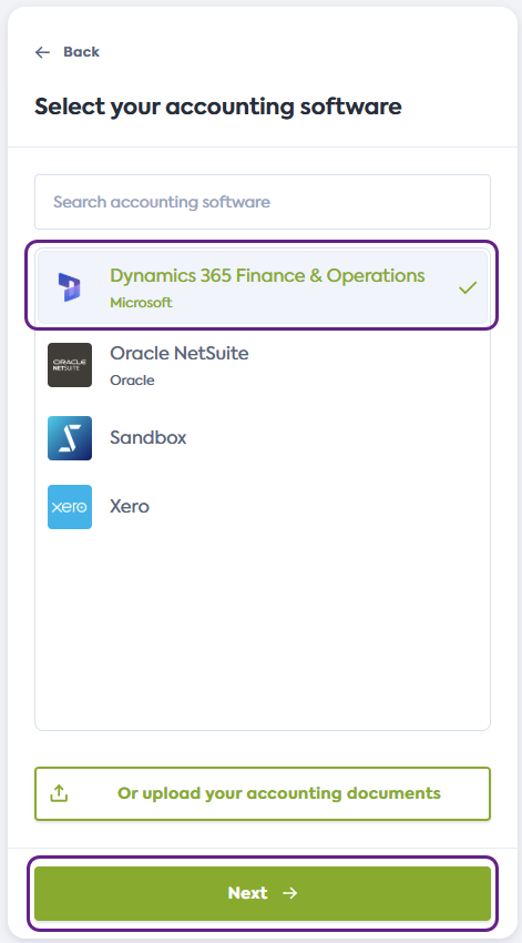 Screenshot of the Select your accounting software screen of Codat's Link Flow. It displays a list of integrations. Dynamics 365 Finance &amp; Operations tile is highlighted. Next button is also highlighted.