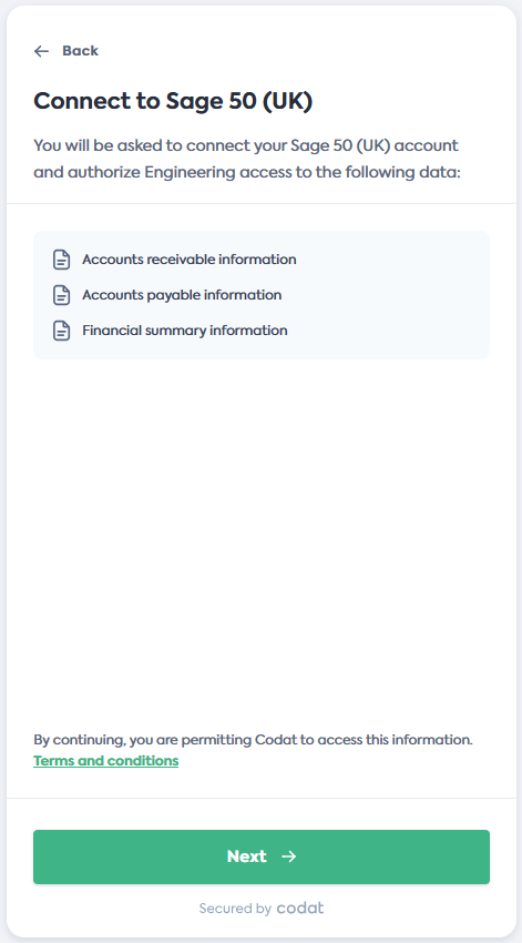Screenshot of the Connect to Sage 50 screen of Codat's Link Flow.
