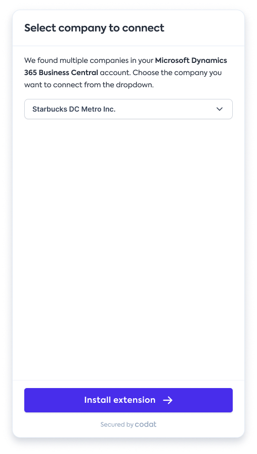 Screenshot of the Dynamics BC connection interface with the single-company selection dropdown.